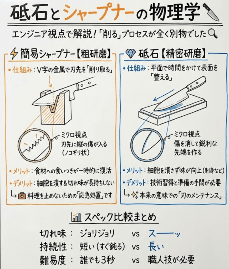 【物理的解説】砥石と簡易シャープナーの決定的な違いをわかりやすく説明した画像